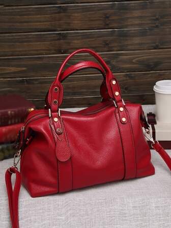 New Fashion Large Capacity Plain Litchi Texture Bag With Adjustable Shoulder Strap And Multiple Hang Decorations, Suitable For Career Women, College Students And Commuting, Casual And Versatile Tote Bag