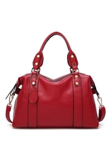 新款時尚大容量純色荔枝紋包可調式肩帶多掛飾適合職業女性大學生通勤休閒百搭手提包 - 酒紅色 - 查看 2