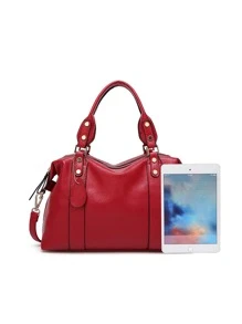 新款時尚大容量純色荔枝紋包可調式肩帶多掛飾適合職業女性大學生通勤休閒百搭手提包 - 酒紅色 - 查看 3