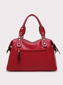 新款時尚大容量純色荔枝紋包可調式肩帶多掛飾適合職業女性大學生通勤休閒百搭手提包 - 酒紅色 - 查看 4