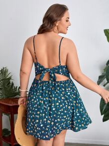 Dreamara Đầm Plus Size Lộ Lưng Buộc lại xoắn lại Họa tiết hoa Boho - Màu xanh ngọc - Xem 2