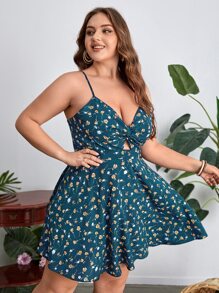Dreamara Đầm Plus Size Lộ Lưng Buộc lại xoắn lại Họa tiết hoa Boho - Màu xanh ngọc - Xem 4