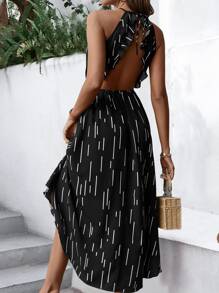 SHEIN VCAY 圖案印花前短後長荷葉邊後背繫帶掛脖連衣裙 - 黑色 - 查看 1