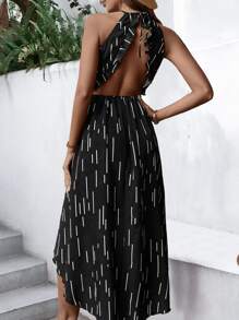 SHEIN VCAY 圖案印花前短後長荷葉邊後背繫帶掛脖連衣裙 - 黑色 - 查看 4