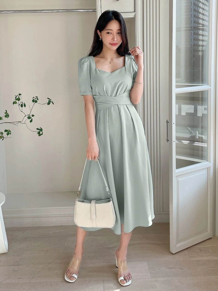 DAZY Đầm suông hở lưng tay bồng cổ tim - Màu xanh Bạc hà - Xem 1