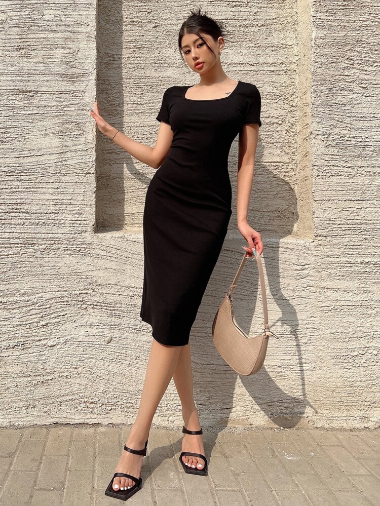 Square Neck Ribbed Knit Bodycon Dress Elegant Sundress Work Women Clothes