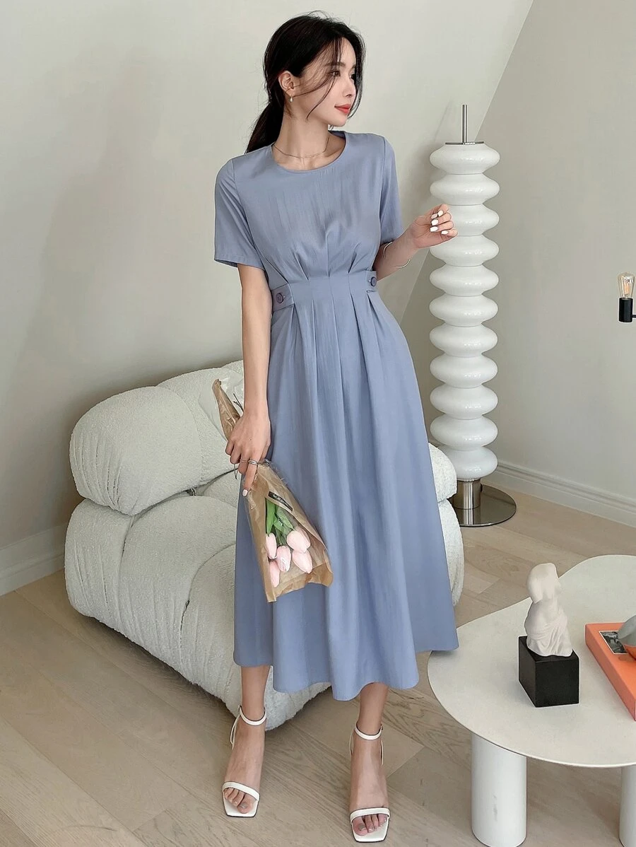 DAZY Solid Fold Pleated Detail A-line Dress - Dusty Blue - View 1