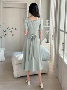 DAZY Đầm suông hở lưng tay bồng cổ tim - Màu xanh Bạc hà - Xem 2
