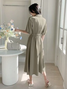 DAZY Chất rắn Ống tay áo Buộc lại Đầm - xanh quân đội - Xem 2