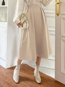 DAZY 高腰褶皱细节半身裙 - 杏色 - 查看 1