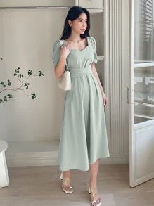 DAZY Đầm suông hở lưng tay bồng cổ tim - Màu xanh Bạc hà - Xem 3