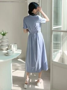 DAZY Solid Fold Pleated Detail A-line Dress - Dusty Blue - View 2
