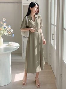 DAZY Chất rắn Ống tay áo Buộc lại Đầm - xanh quân đội - Xem 6