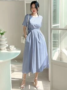 DAZY Solid Fold Pleated Detail A-line Dress - Dusty Blue - View 3