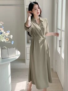 DAZY Chất rắn Ống tay áo Buộc lại Đầm - xanh quân đội - Xem 8