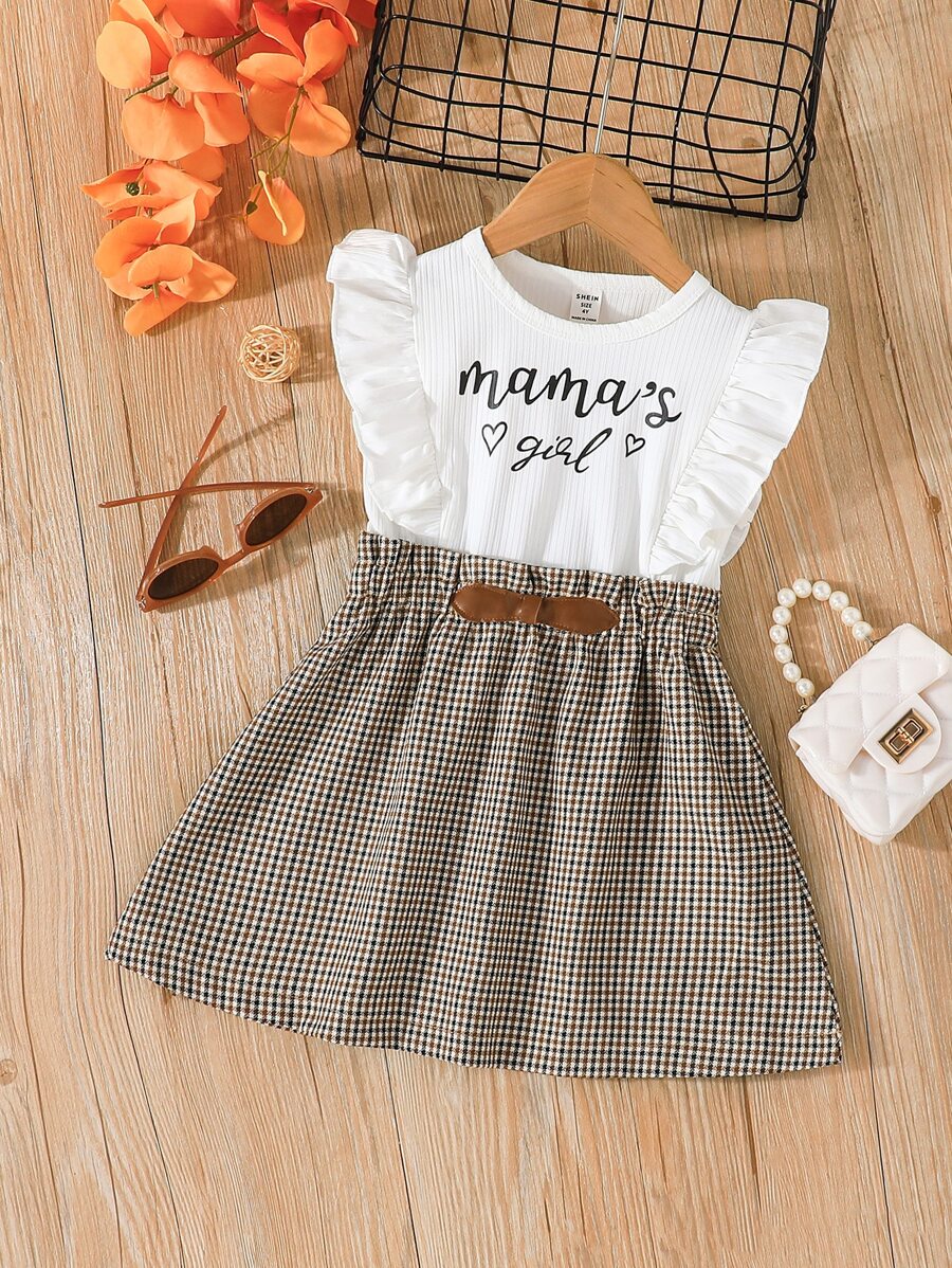 SHEIN 小女童格紋和字母圖案荷葉邊洋裝 - 彩色 - 查看 1