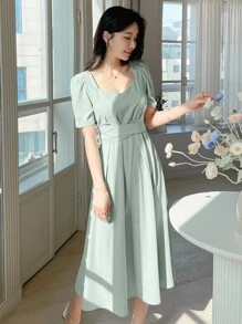 DAZY Đầm suông hở lưng tay bồng cổ tim - Màu xanh Bạc hà - Xem 5