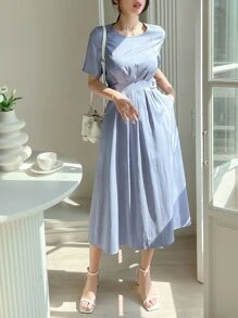 DAZY Solid Fold Pleated Detail A-line Dress - Dusty Blue - View 4