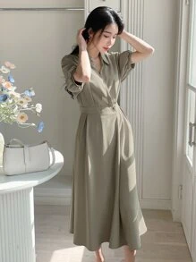 DAZY Chất rắn Ống tay áo Buộc lại Đầm - xanh quân đội - Xem 1