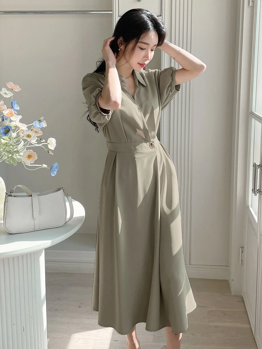 DAZY Chất rắn Ống tay áo Buộc lại Đầm - xanh quân đội - Xem 1