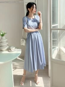 DAZY Solid Fold Pleated Detail A-line Dress - Dusty Blue - View 5