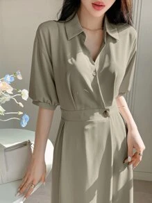 DAZY Chất rắn Ống tay áo Buộc lại Đầm - xanh quân đội - Xem 3