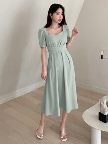 DAZY Đầm suông hở lưng tay bồng cổ tim - Màu xanh Bạc hà - Xem 7
