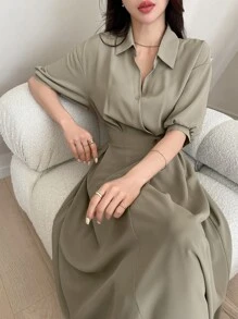 DAZY Chất rắn Ống tay áo Buộc lại Đầm - xanh quân đội - Xem 9