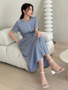 DAZY Solid Fold Pleated Detail A-line Dress - Dusty Blue - View 8