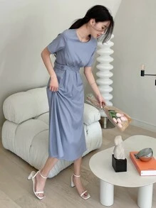 DAZY Solid Fold Pleated Detail A-line Dress - Dusty Blue - View 9