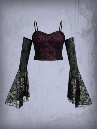 Goth Taglie Forti Top stampato all over con spalle scoperte manica a campana mesh