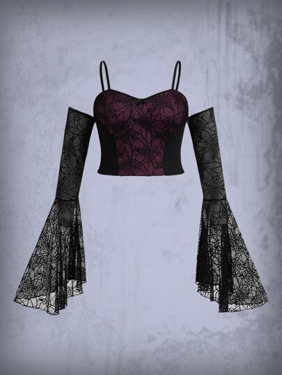 Goth Top con estampado de hombros descubiertos de manga con volante de malla