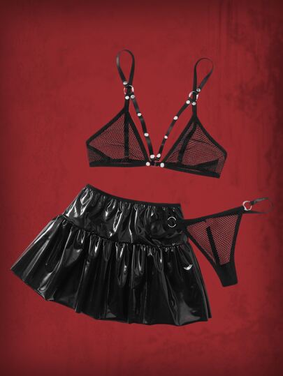 Grunge Punk 3 piezas Set de lencería de malla en contraste PU