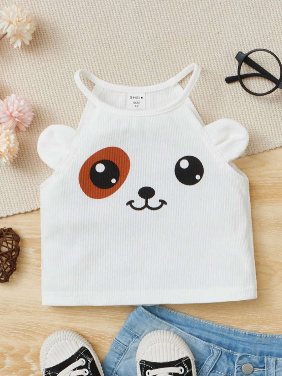 SHEIN Young Girl Toddler Girls Cartoon Graphic 3D Ear Design Halter Top
