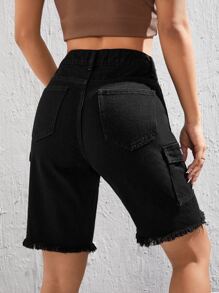 SHEIN EZwear Quần short denim nữ Nút Túi Hem thô Dây kéo màu trơn - màu đen - Xem 3