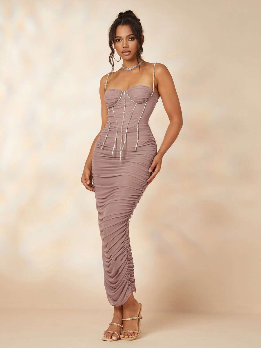 Vestido ajustado con diseño de diamante de imitación fruncido - Rosa vieja - Ver 1