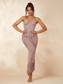 Vestido ajustado con diseño de diamante de imitación fruncido - Rosa vieja - Ver 4
