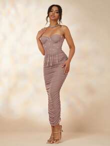 Vestido ajustado con diseño de diamante de imitación fruncido - Rosa vieja - Ver 5