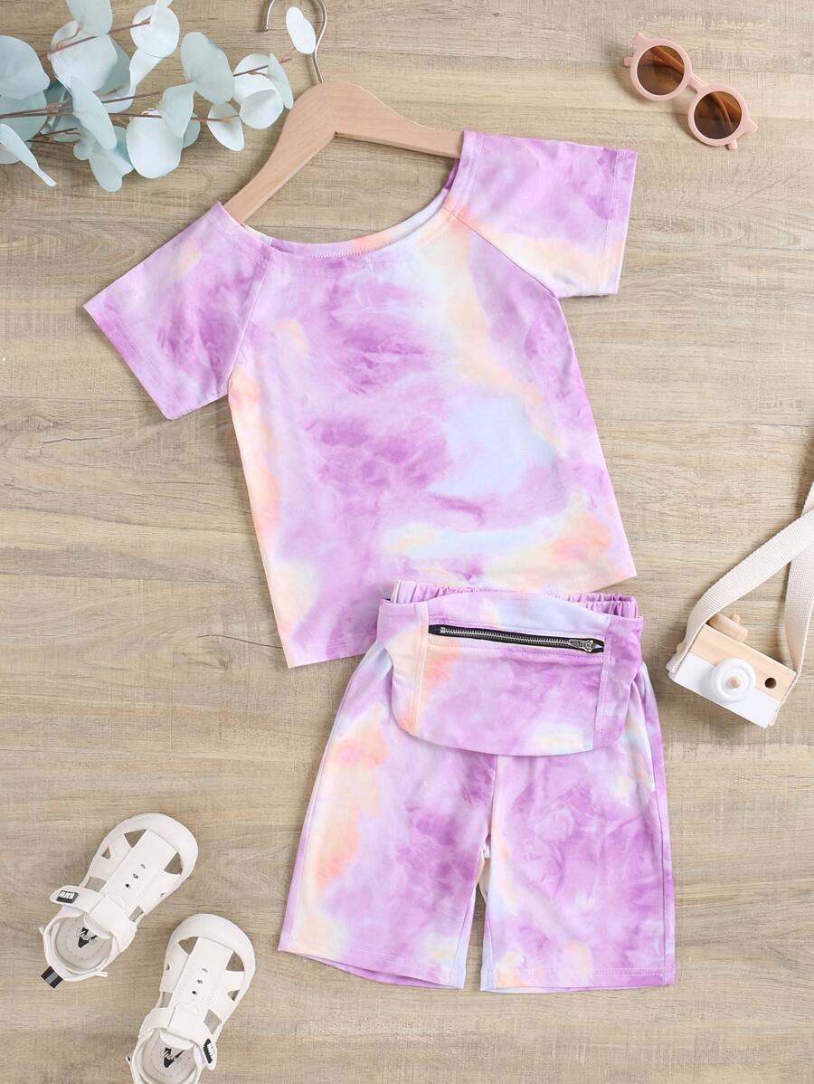 小女童紮染T恤和短褲 - 紫色 - 查看 1