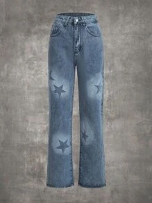 ROMWE Grunge Punk Jeans de pierna recta con estampado de estrella - Azul lavado medio - Ver 1