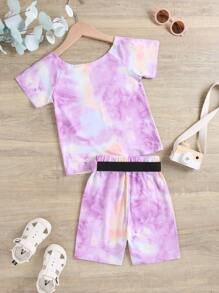 小女童紮染T恤和短褲 - 紫色 - 查看 2