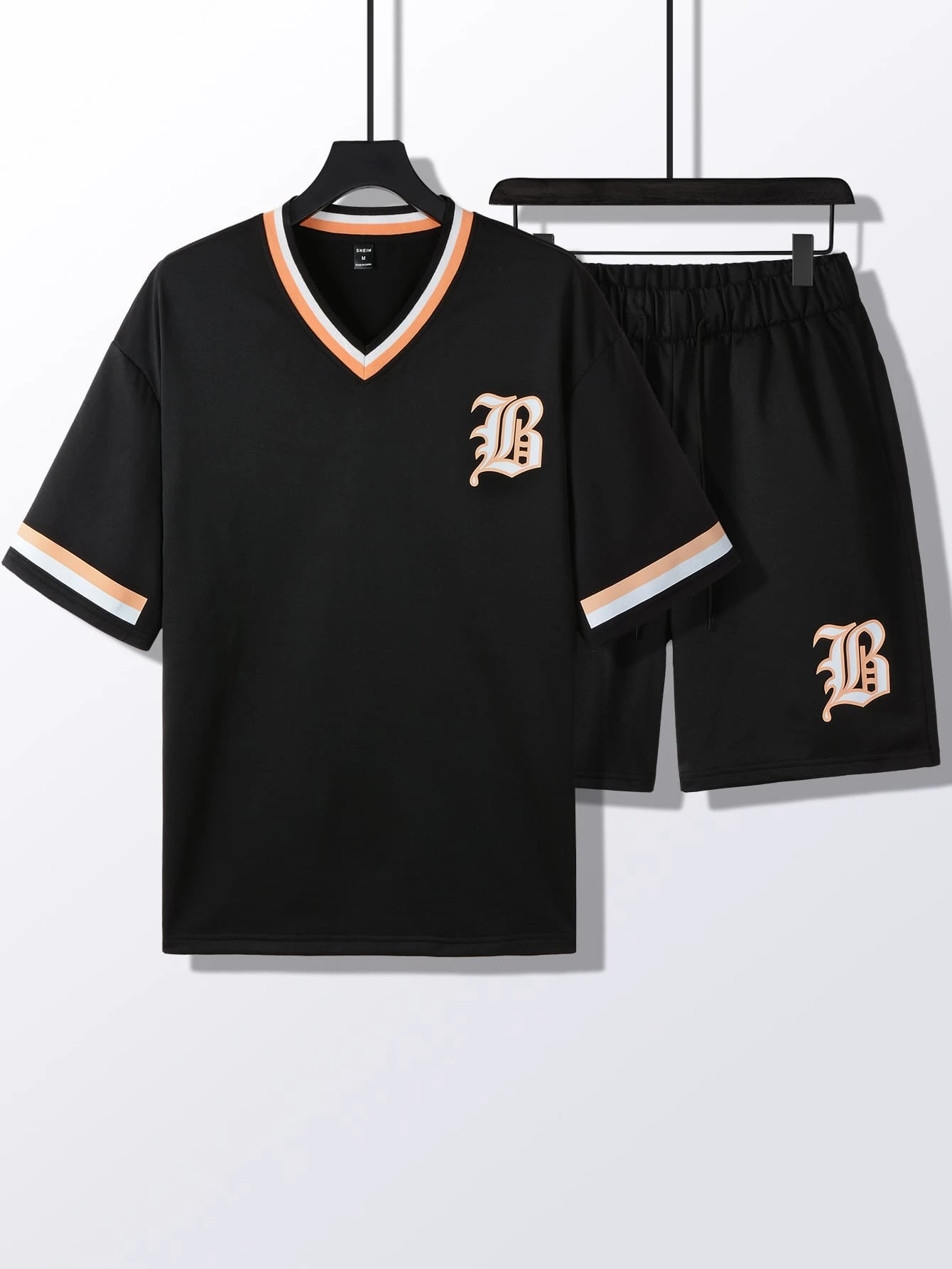 Manfinity Loose Fit Men's Letter Graphic Striped Trim T-Shirt & Shorts Set - Black - View 1