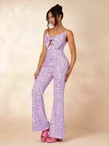 Sweetheart Cut Out Bow Front Sequin Cami Jumpsuit - Mauve Purple - View 1