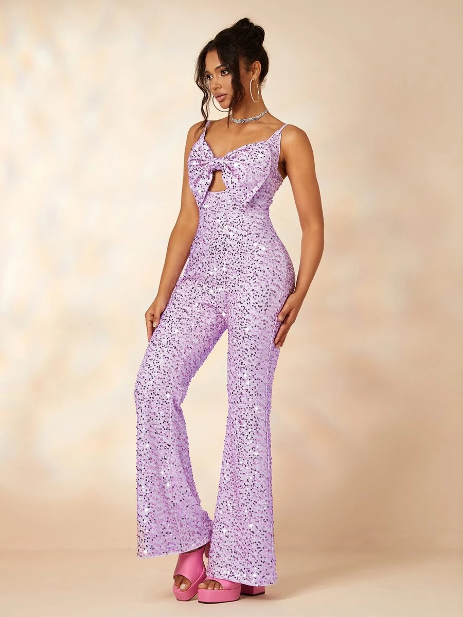 Sweetheart Cut Out Bow Front Sequin Cami Jumpsuit - Mauve Purple - View 1