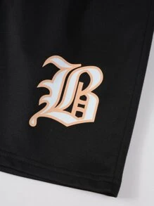 Manfinity Loose Fit Men's Letter Graphic Striped Trim T-Shirt & Shorts Set - Black - View 8