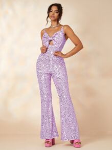 Sweetheart Cut Out Bow Front Sequin Cami Jumpsuit - Mauve Purple - View 3