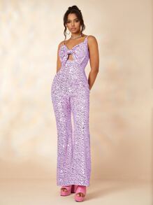 Sweetheart Cut Out Bow Front Sequin Cami Jumpsuit - Mauve Purple - View 5