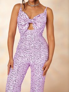 Sweetheart Cut Out Bow Front Sequin Cami Jumpsuit - Mauve Purple - View 6