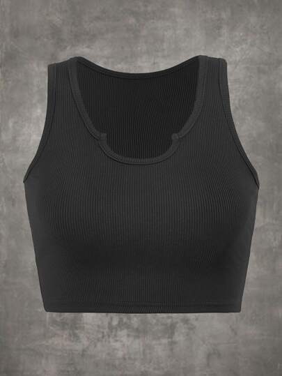 Solid Notched Neck Ribbed Tank Top, School