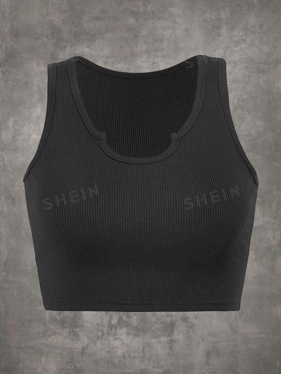 ROMWE Top de tirantes acanalado con cuello en pico liso, escolar - Negro - Ver 1